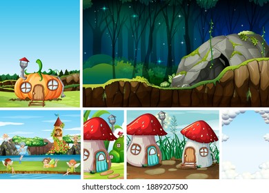 Six different scene of fantasy world with fantasy places such as pumpkin house and stone cave illustration