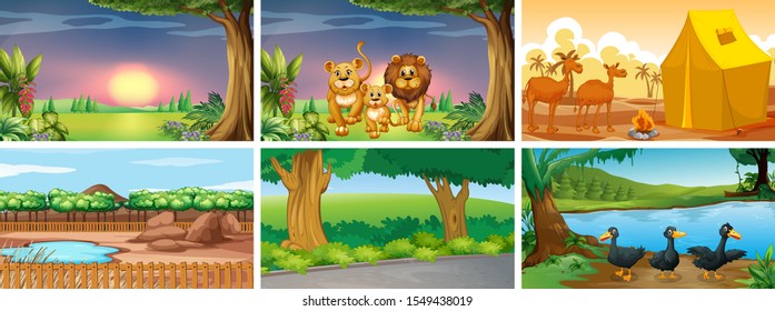 Six different scenes with animals illustration