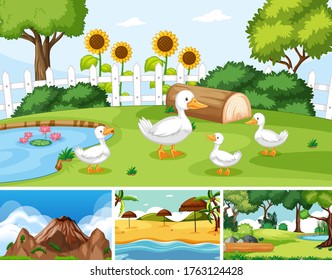 Six different scenes in nature setting cartoon style illustration