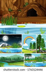 Six different scenes in nature setting cartoon style illustration