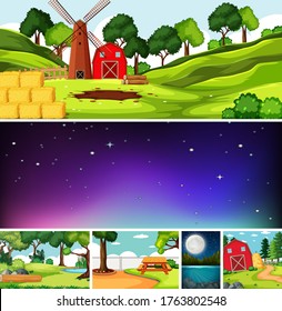 Six different scenes in nature setting cartoon style illustration