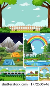 Six different scenes in nature setting cartoon style illustration