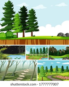 Six different scenes in nature setting cartoon style illustration