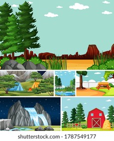 Seis escenas diferentes en la naturaleza de la ilustración de estilo de dibujos animados