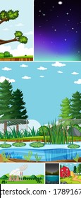 Six different scenes in nature setting cartoon style illustration