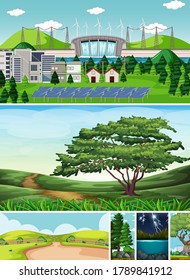 Six different scenes in nature setting cartoon style illustration
