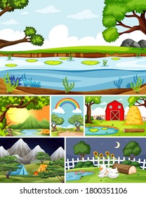 Seis escenas diferentes en la naturaleza de la ilustración de estilo de dibujos animados