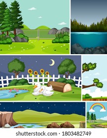 Six different scenes in nature setting cartoon style illustration