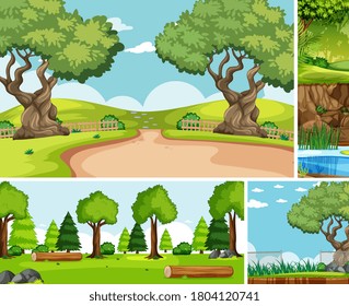 Six different scenes in nature setting cartoon style illustration