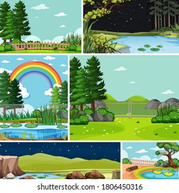 Seis escenas diferentes en la naturaleza de la ilustración de estilo de dibujos animados
