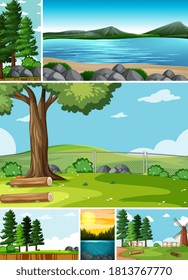 Six different scenes in nature setting cartoon style illustration