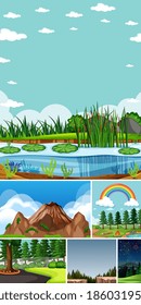 Seis escenas diferentes en la naturaleza de la ilustración de estilo de dibujos animados