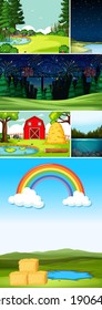 Six different scenes in nature setting cartoon style illustration