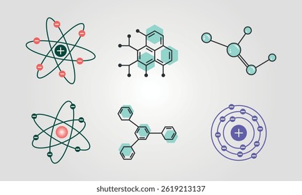 Seis modelos científicos diferentes de átomos y moléculas.