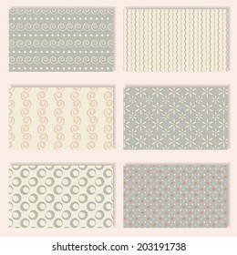 Six different seamless patterns in pastel colors for printing into fabric, paper or scrapbooking