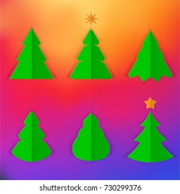 Six Different Shapes of Christmas Tree in Paper Cut Style on a Bright Gradient Mesh Background. Vector Illustration.
