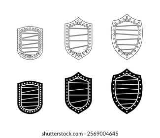 Six different shields, each with a different design. Vector icons