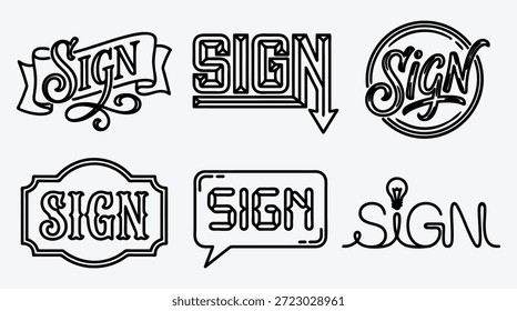 Six different sign text icons in black on white background for design