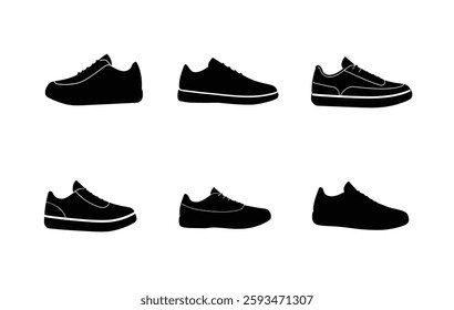 Six different sneaker silhouettes presented in a simple, bold black and white design.