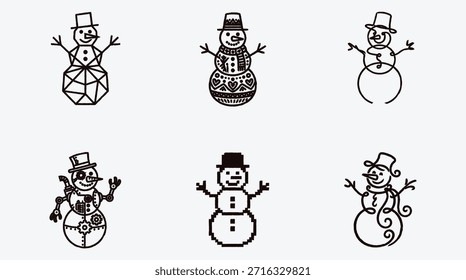 Seis bonecos de neve diferentes com vários desenhos e padrões no fundo branco