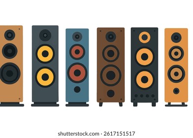 Six different speaker designs are set against a colorful standing isolated white background in a flat vector illustration style, showcasing audio equipment and a collection of music speakers and