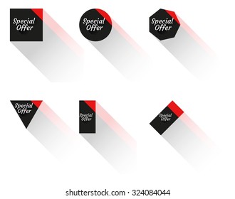 six different stickers with red corner and long shadow