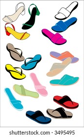 Six different styles of colorful summer sandals each on their own layer for color and design change.