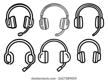 Six different styles of headphones, headset icons, line art, black and white illustrations.