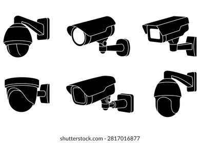 Six different styles of surveillance cameras shown with transparent background