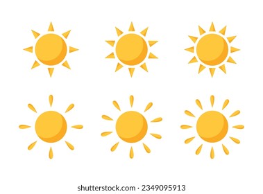 Six different sun icons. Sun icons with different rays. Vector illustration in flat style.	
