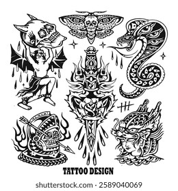 Six different tattoo designs with heads and snakes