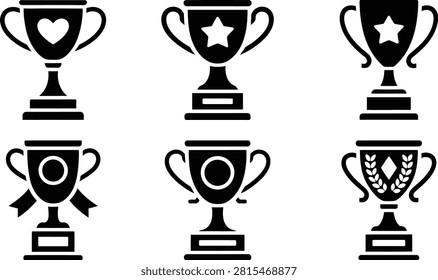 Six different trophy icons with various decorative elements on transparent background