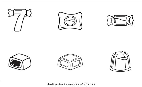 Six different types of candies and sweets are depicted in a minimalist black and white line art style, showcasing various wrapped and unwrapped confectionery items.