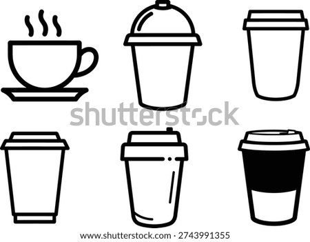 Six different types of coffee and tea cups and containers for hot beverages