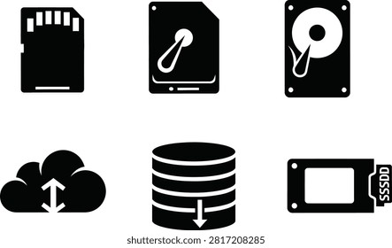 Six different types of storage devices icons set isolated background