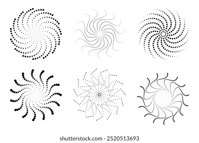 Six different types of swirls with dotted lines, radial particles set