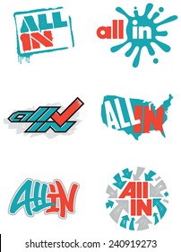 Six different variations of an "All In" logo. 