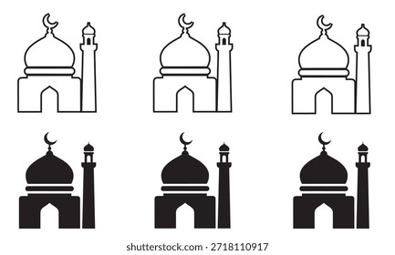 Seis versiones diferentes de un icono de mezquita que incluyen estilos de contorno y silueta para proyectos de diseño