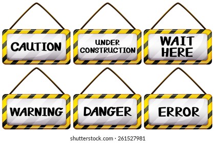 Six different warning signage on a white background