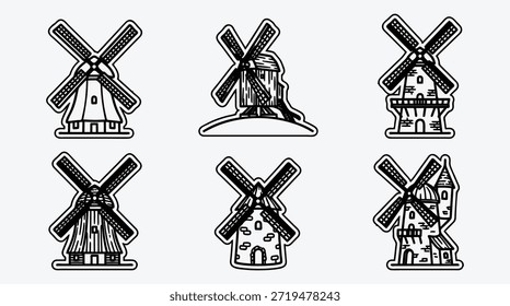 six different windmill designs in black and white illustrations