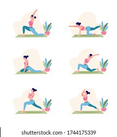 Six different yoga pose flat illustration, Creative poster or banner design with illustration of woman doing yoga for Yoga Day Celebration.