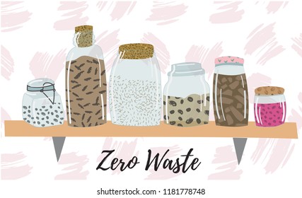 Six different zero waste glass jars with food