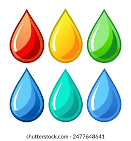 Six differently colored water drops on a white background
