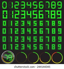 six digital numbers set in different styles and basic clock body with circular level indicator.