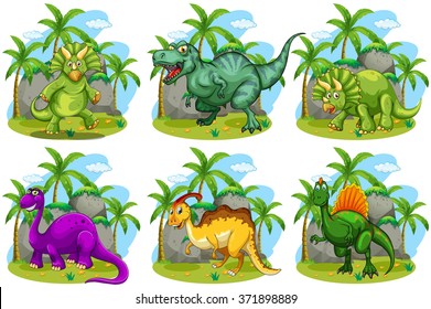 Six dinosaurs in the forest illustration