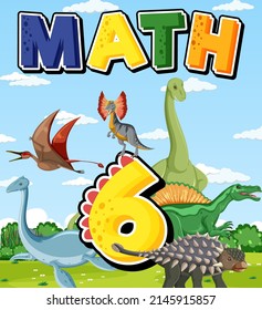 Six dinosaurs with number six cartoon illustration