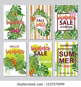 six discount flyers with tropical green leaves, pink and purple flowers, stripes