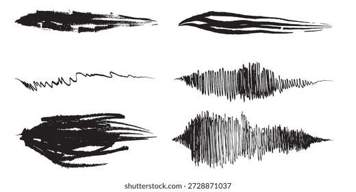 Seis texturas abstractas de pinceladas negras distintas, que varían en estilo de sólido a garabateado, presentadas sobre un fondo blanco limpio.