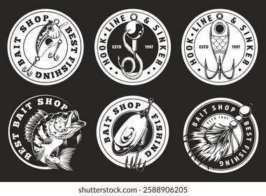 Six distinct badge designs featuring fish and fishing gear. Each badge highlights the bait shop's theme with bold graphics emphasizing quality and craftsmanship in fishing.