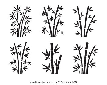 Six distinct bamboo illustrations, different styles, bamboo canes and foliage, natural plant icon, simple decorative elements